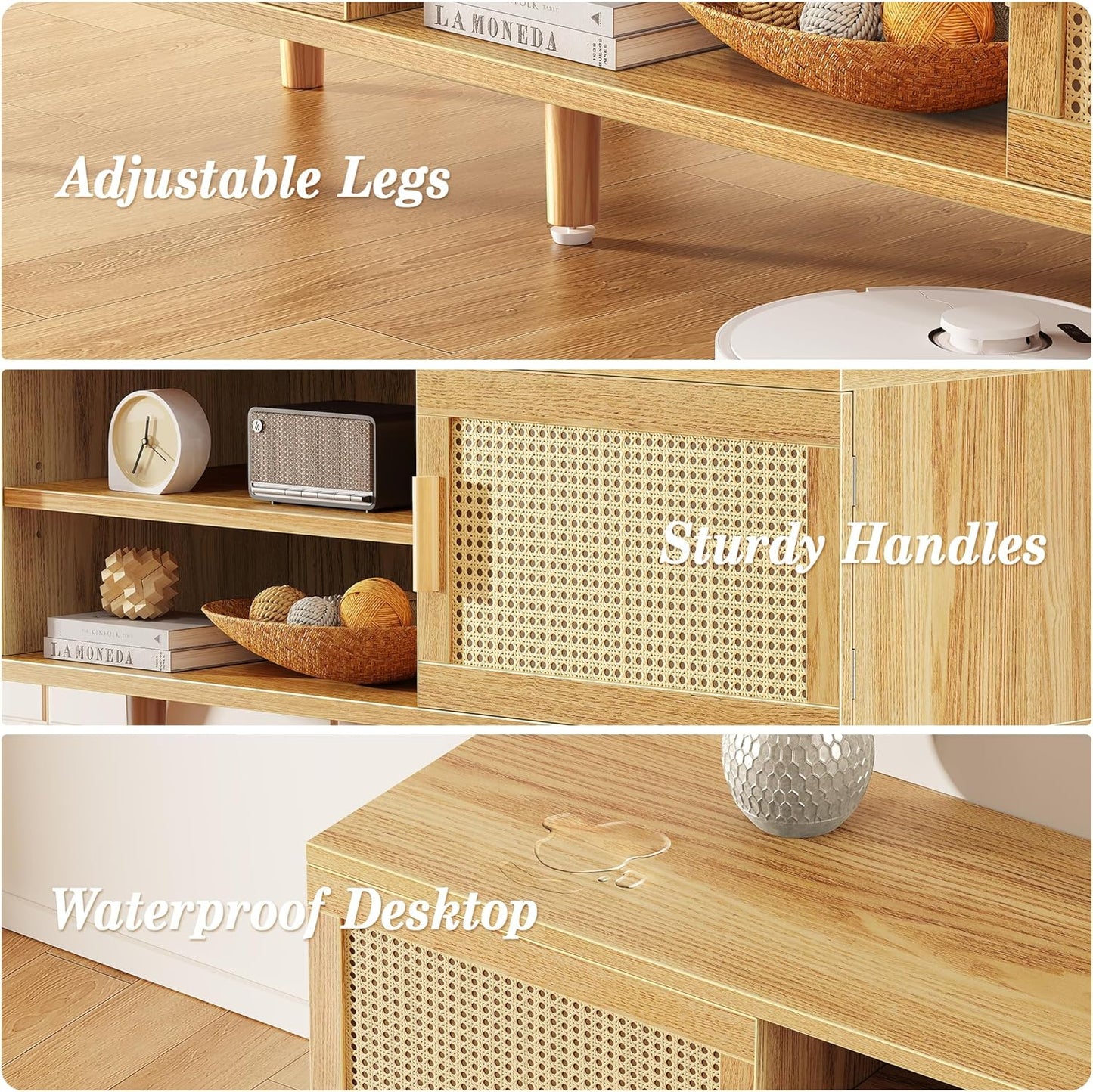 Boho TV Stand for 65 Inch TV, Entertainment Center with Adjustable Shelf, Rattan TV Console with 2 Cabinets, Media Console, Solid Wood Feet, 4 Cord Holes, for Living Room - Natural