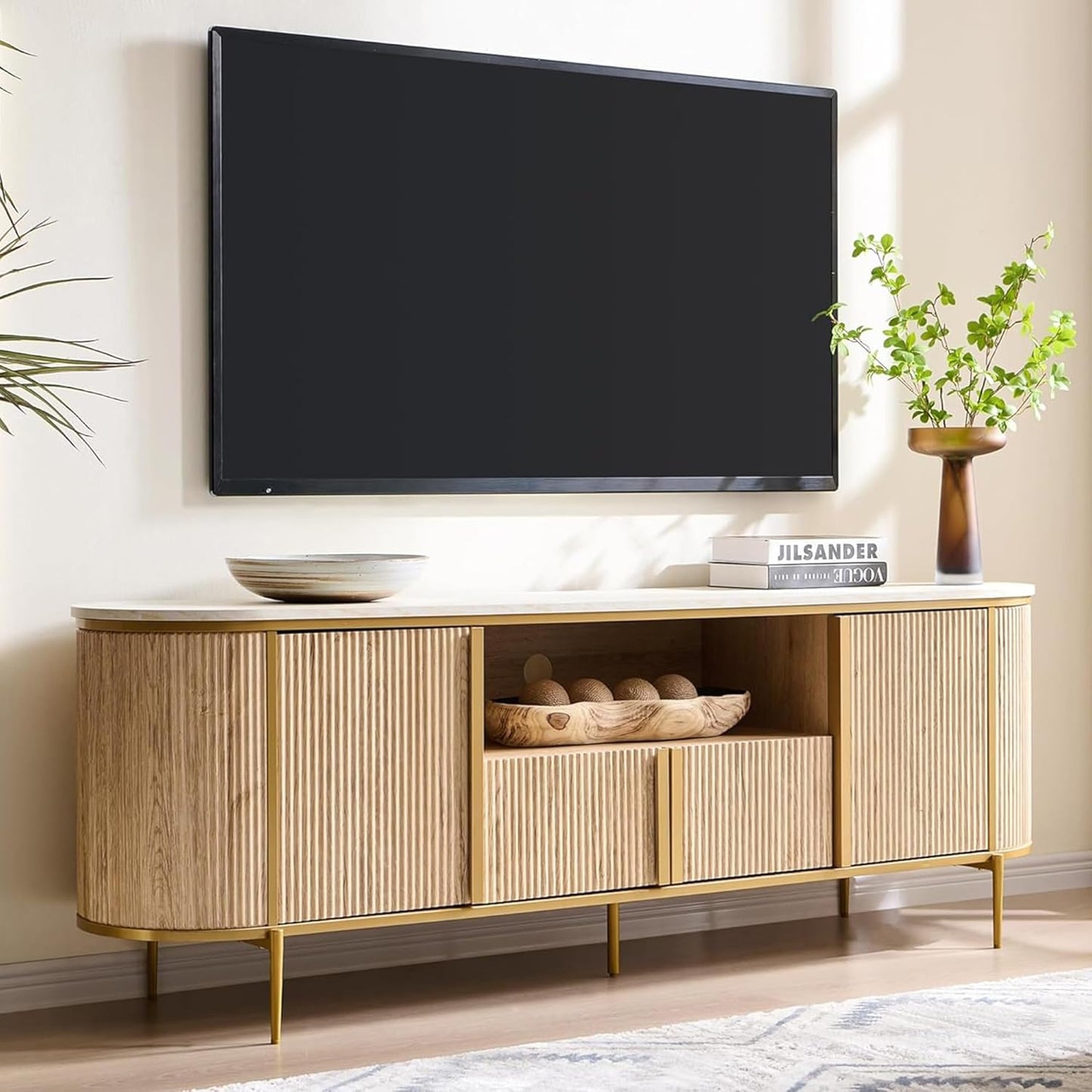 70" Fluted TV Stand with Storage, Faux Marble Top Entertainment Center for Tvs up to 80", Modern Curved Edge Media Console Cabinet for Living Room, Natural Oak
