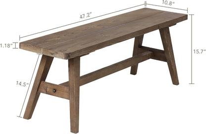 47" Farmhouse Wood Bench, Dining Room Bench, Entryway Bench for Living Dining Room, Solid Wood, Easy to Assemble, Brown