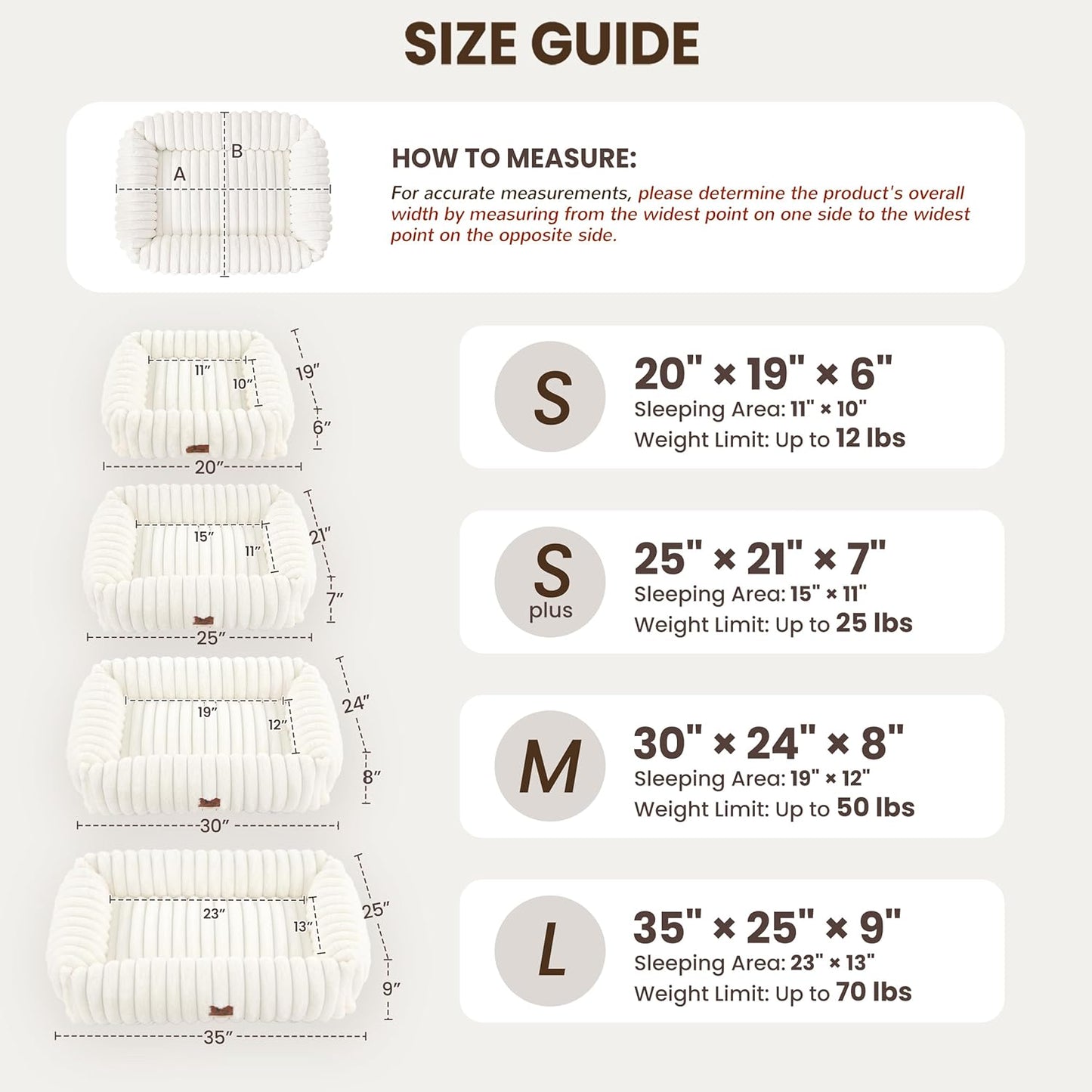 Washable Dog Bed for Small Medium Dogs - Rectangle Orthopedic Corduroy Fleece Pet Bed with Removable Cover and Nonskid Bottom, Calming Puppy Bed Soft Pet Sofa, Cream(25X21X7Inchs)