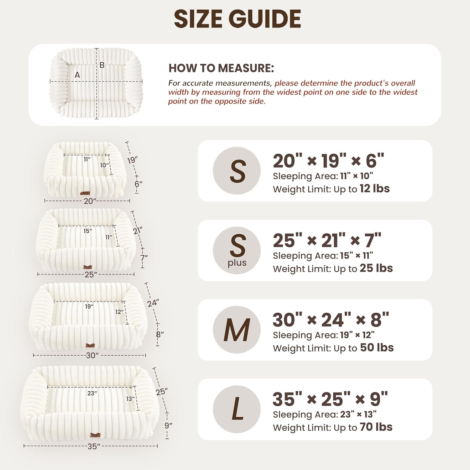 Washable Dog Bed for Small Medium Dogs - Rectangle Orthopedic Corduroy Fleece Pet Bed with Removable Cover and Nonskid Bottom, Calming Puppy Bed Soft Pet Sofa, Cream(25X21X7Inchs)