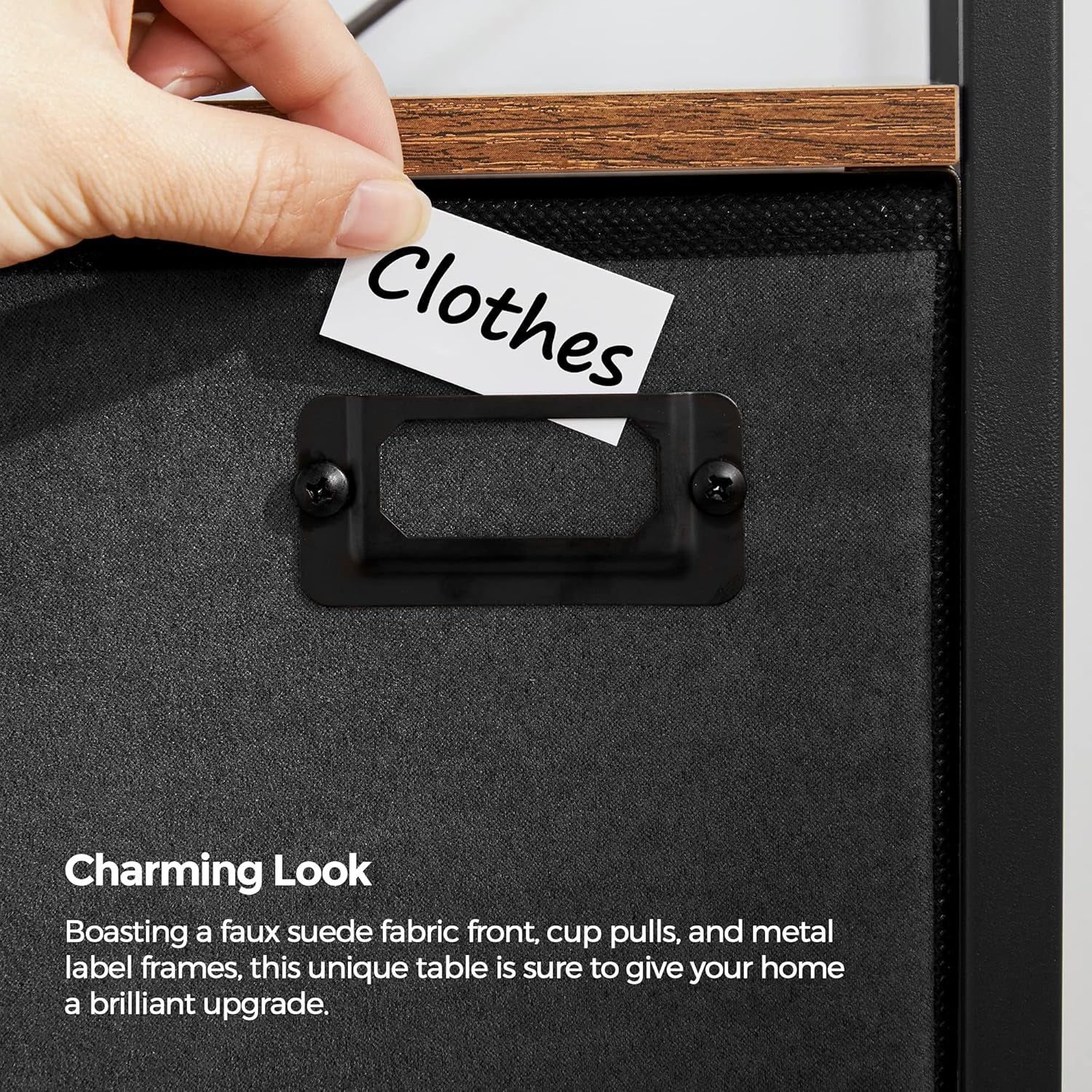 Nightstand, Industrial Bedside Table with 2 Fabric Drawers, Storage Shelves, Vertical Dresser Storage Tower with Wooden Top, Metal Frame, Labels, Rustic Brown and Black ULVT03H