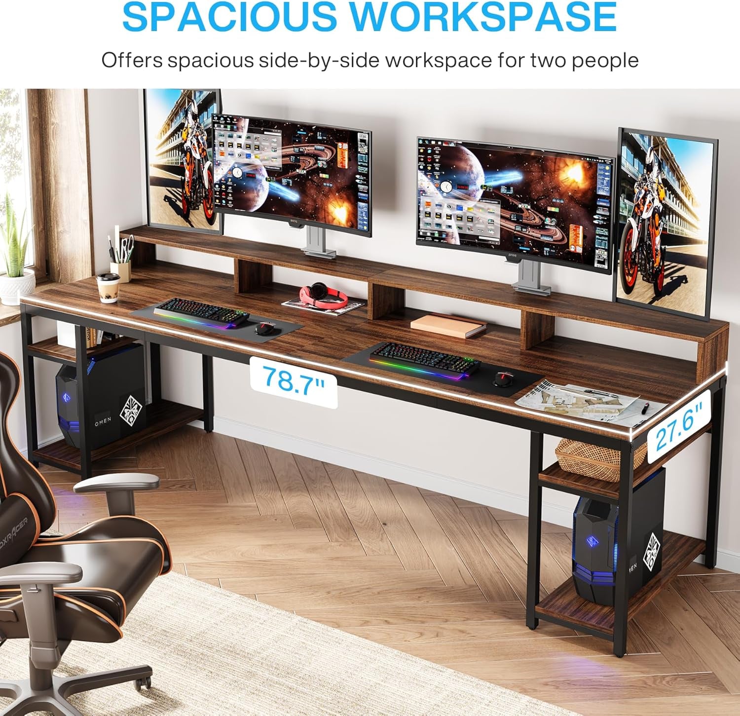 Two Person Desk with Monitor Stand, 78.74" Long Double Computer Office Desk with Storage Shelves, Large Gaming Study Writing Table Workstation for Home Office (Rustic Brown)