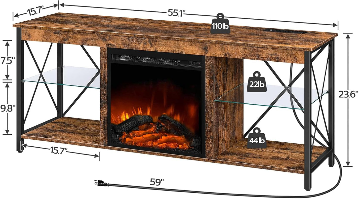 Fireplace TV Stand with Charging Station and LED Lights, TV Stand with Fireplace for Tvs up to 65", Entertainment Center with Fireplace, Glass Shelves, Rustic Brown and Black BF140UDDS01