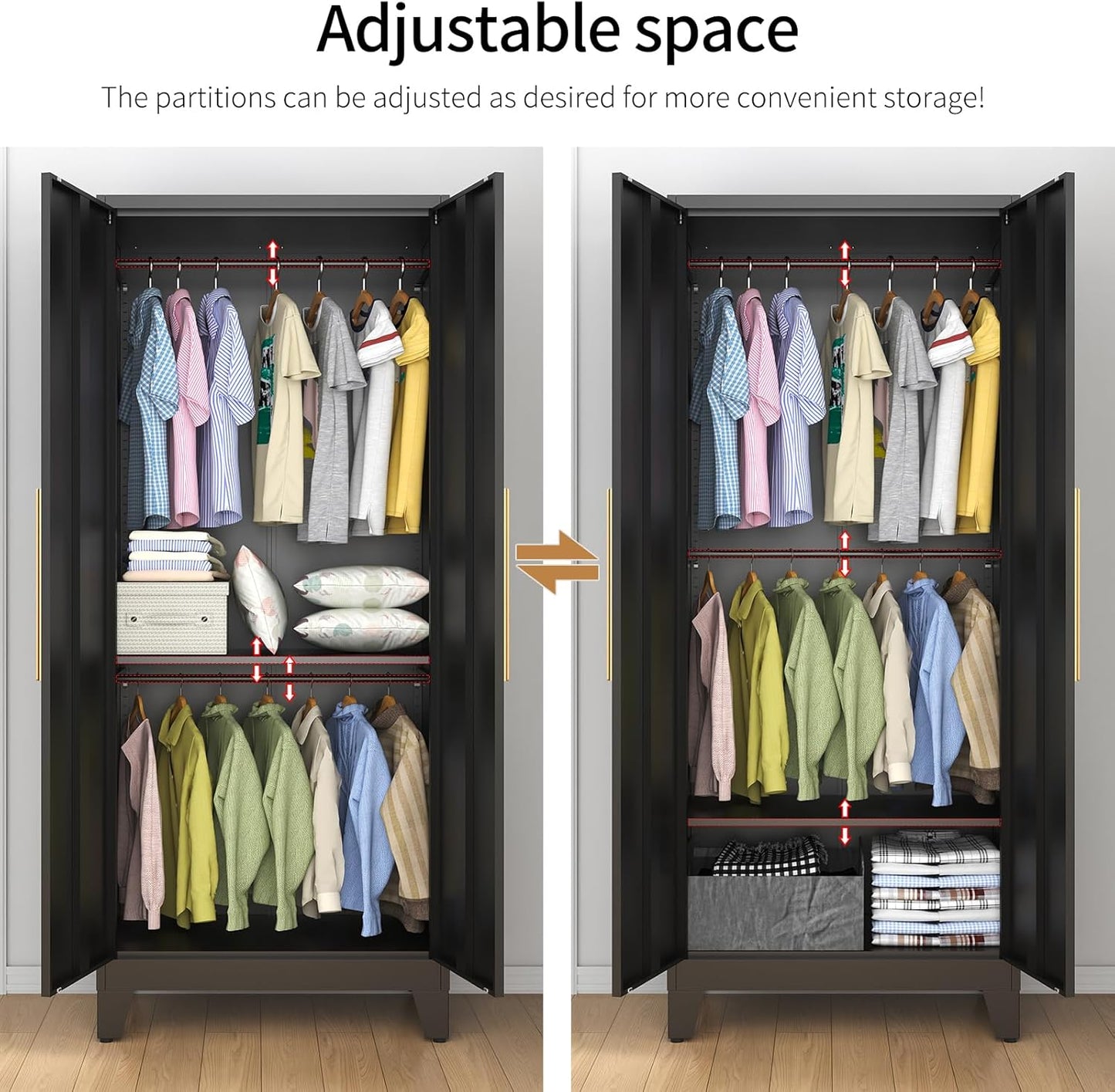 75" Tall Metal Armoire Wardrobe Closet with Mirror Doors, 2 Adjustable Hanging Rods & Adjustable Shelf, Freestanding Storage Cabinet Organizer for Bedroom, Office, Laundry Room, Black