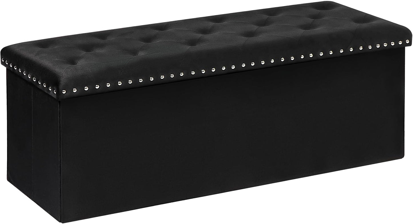 Storage Ottoman Bench, Folding Tufted Ottomans with Storage, Extra Large 140L Footrest Bench for Bedroom, Luxury Velvet Fabric 43 Inches Black