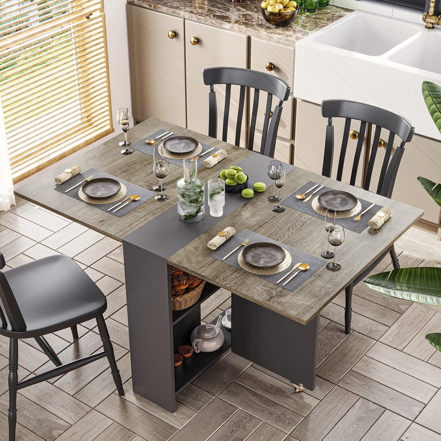 Folding Dining Table with 2 Storage Racks, Drop Leaf Table with 6 Wheels, Multifunction Expandable Table for Kitchen, Bedroom, Living Room