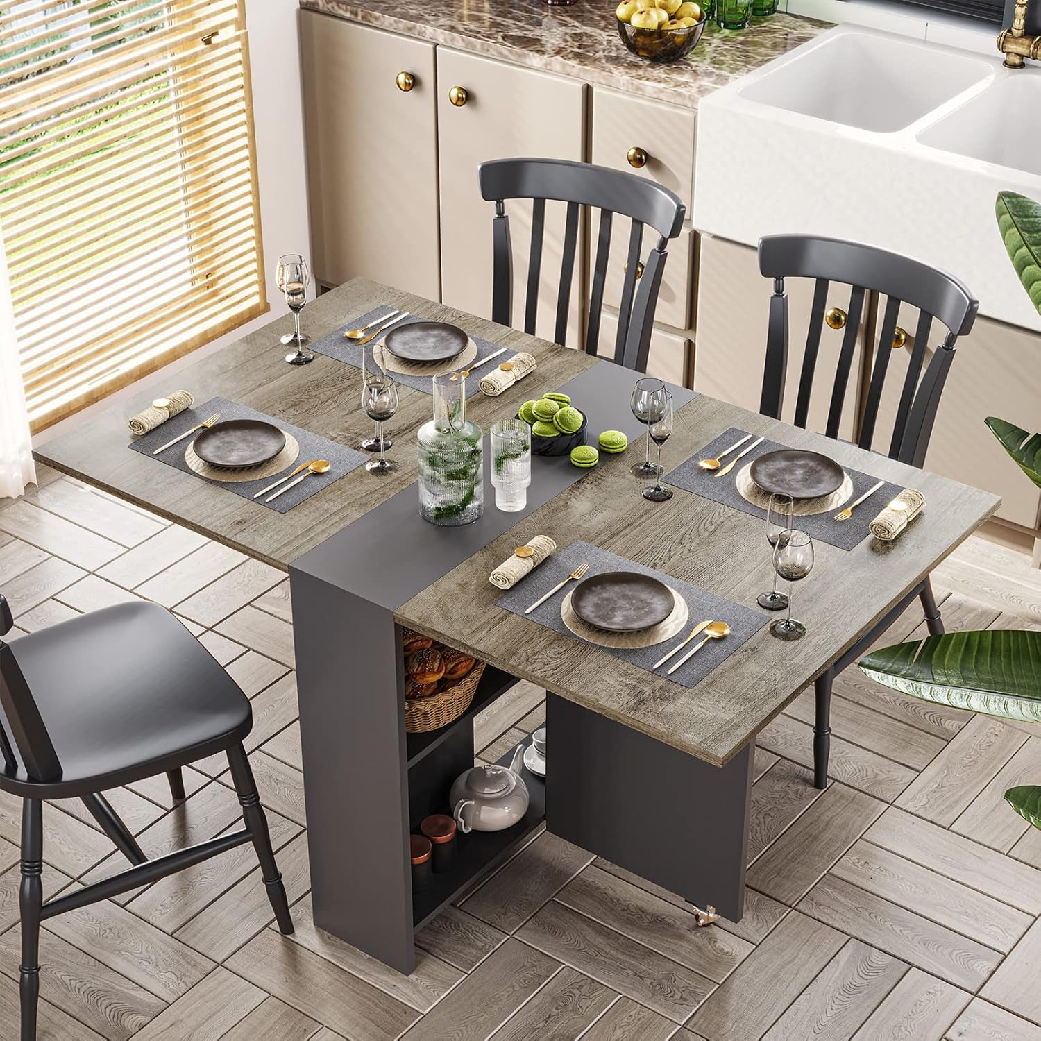 Folding Dining Table with 2 Storage Racks, Drop Leaf Table with 6 Wheels, Multifunction Expandable Table for Kitchen, Bedroom, Living Room