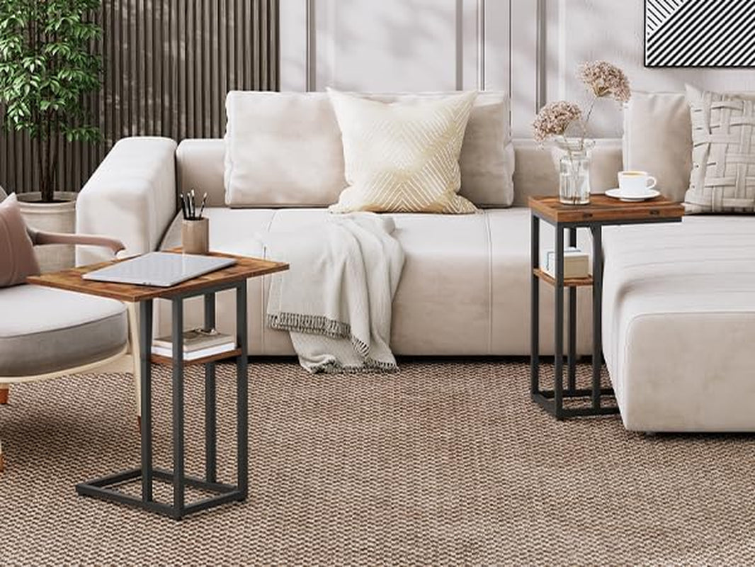 Foldable End Table, C Shaped Side Table with Storage Shelf, Small Snack Table Suitable for Living Room Bedroom Small Spaces, Easy Assembly, Rustic Brown BF29SF01