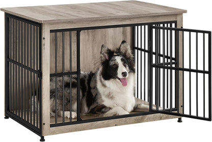 Dog Crate Furniture, 38.6" Side End Table, Modern Kennel for Dogs Indoor up to 70 Lb, Heavy-Duty Dog Cage with Enclosed Base, Double-Door Dog House, Greige UPFC023G01