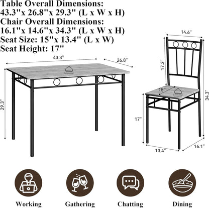 5 Piece Dining Table Set with 1.6" Thick Desktop, Modern Metal&Wood Kitchen Dinner Table with 4 Chairs, Dining Room Table Sets for Small Spaces, Brown