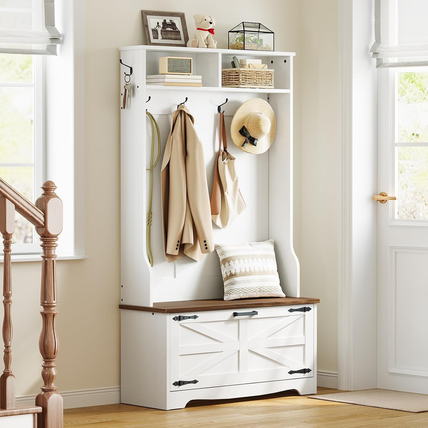 Hall Tree with Bench, Entryway Bench with Coat Rack and Shoe Cabinet, Flip Drawers, Farmhouse Hall Tree with Shoe Organizer, Mud Room, White and Walnut WH85MT01