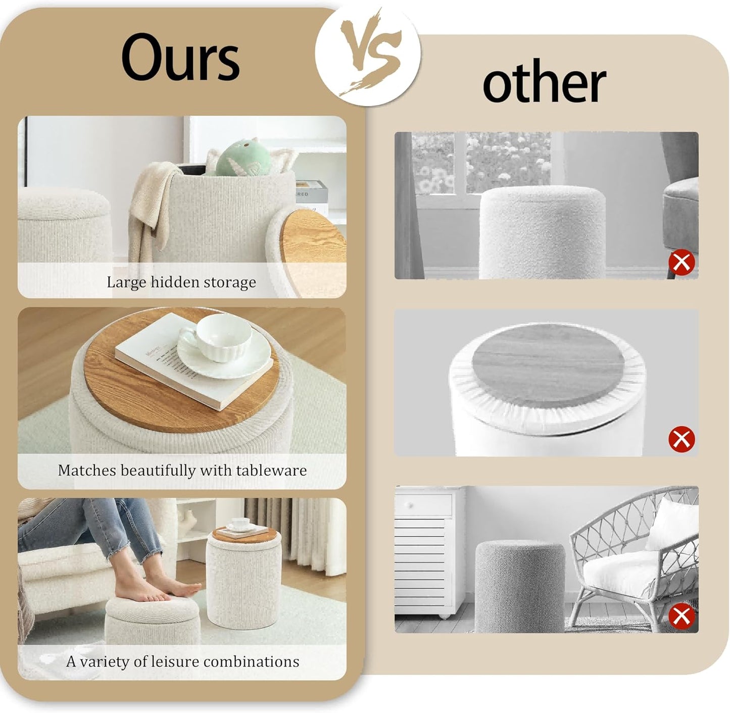 round Ottoman with Storage, Set of 2, Small Vanity Stool as Vanity Chair, Corduroy Ottoman Foot Rest for Small Space, Living Room, Bedroom, Beige