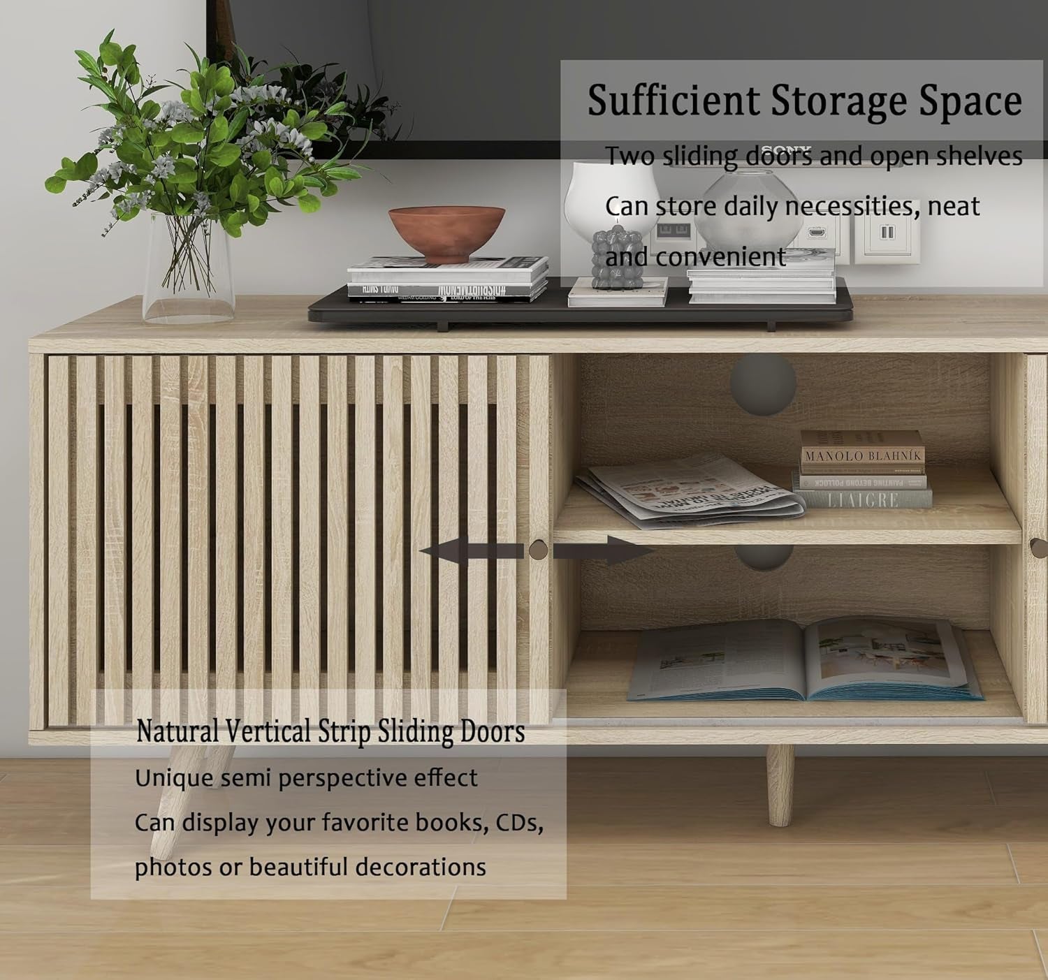 Mid Century Modern TV Stand for Tvs up to 70 In, with Sliding Doors and Open Shelf, Entertainment Center with Storage, Media Console for Living Room, Natural