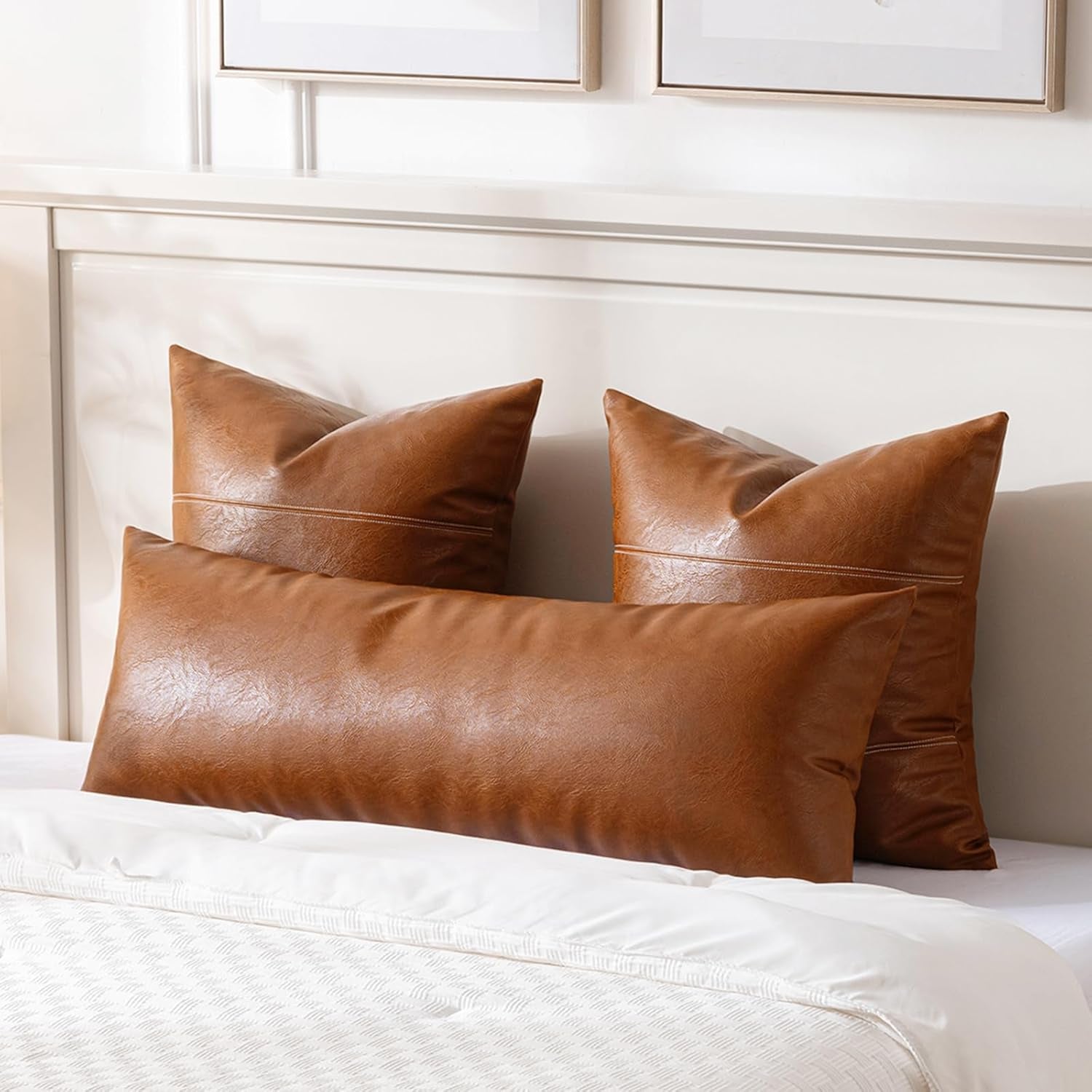 Brown Boho Long Lumbar Faux Leather Body Decorative Throw Pillow Cover 14X36 Inch for Bedroom Couch Bed Bench, Thick Stylish Solid Rectangle Pillowcase, Rustic Modern Farmhouse Room Decor