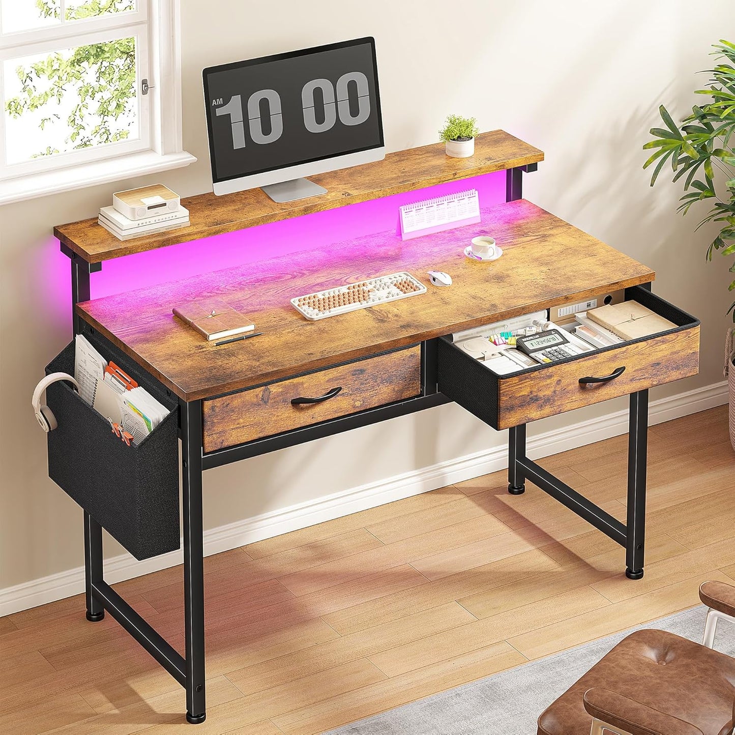 Gaming Desk with LED Lights & 2 Fabric Drawers, 39.4Inch Home Office Computer Desk with Side Pocket & Ergonomic Monitor Stand, Small Space Study Writing Table with Anti-Tip Design, Rustic Brown