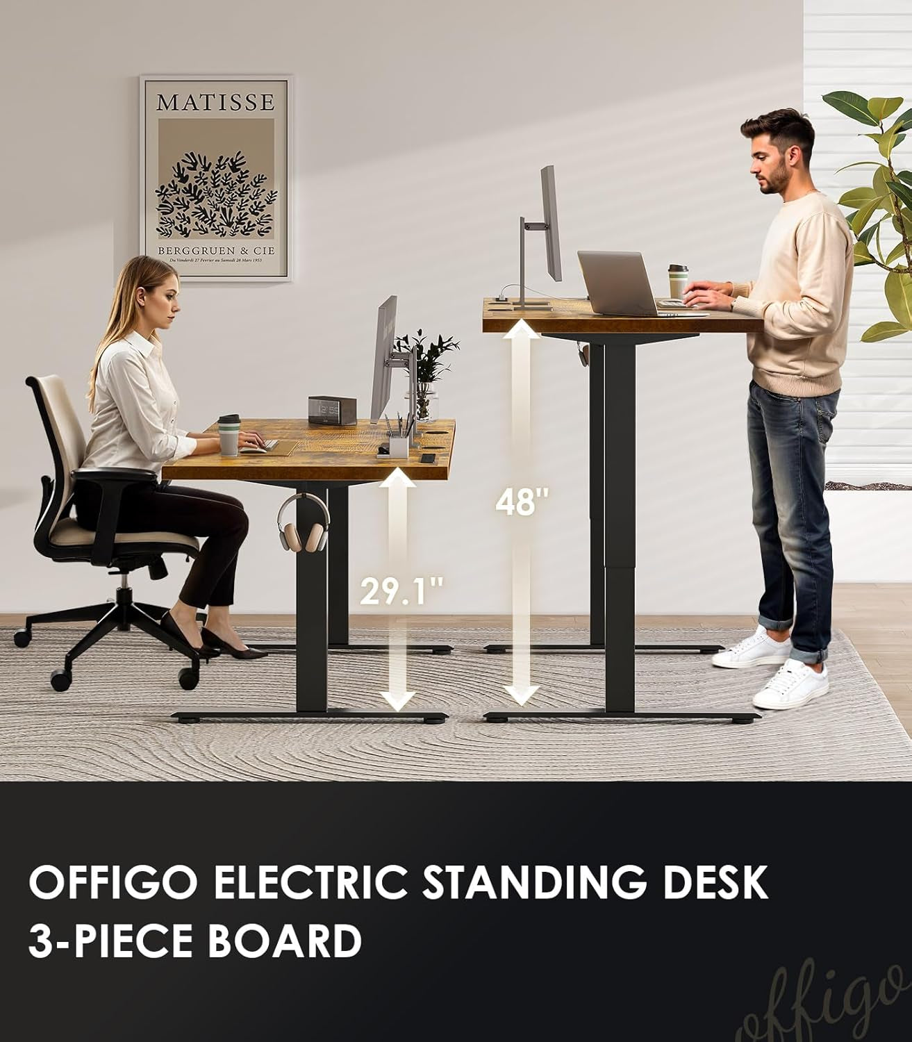 71 Inch Executive Electric Standing Desk, Height Adjustable Desk with Power Outlet & 1.38" Thick 3-Piece Desktop, Sit Stand Computer Desk for Home, Office, Conference Room, Rustic Brown