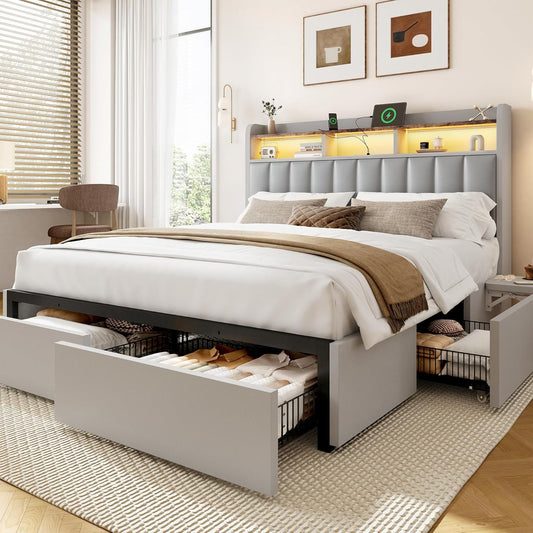 Queen Bed Frame with Headboard,4 Storage Drawers,And Built-In Adjustable Desk,Charging Station,Easy Assembly,No Box Spring Needed,Light Grey