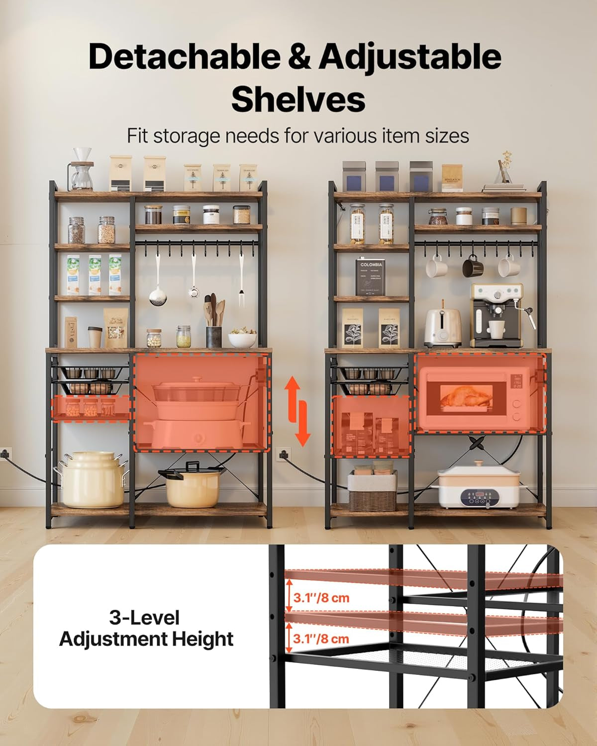 Kitchen Bakers Rack with Power Outlets, 35.4X15.7X70.9 Inch Microwave Stand with Built-In Power Strip & 5 Ft Cord, 10 S-Shaped Hooks, for Dish Storage, Spice Jars, Coffee Bar Organization