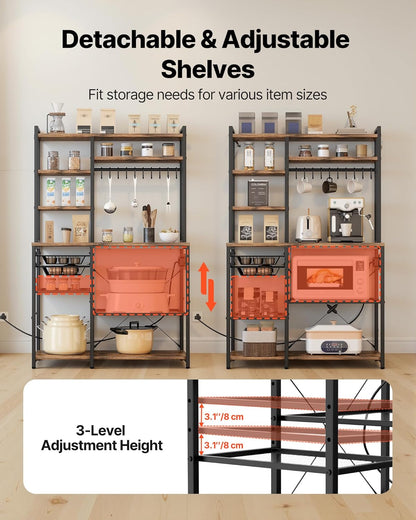 Kitchen Bakers Rack with Power Outlets, 35.4X15.7X70.9 Inch Microwave Stand with Built-In Power Strip & 5 Ft Cord, 10 S-Shaped Hooks, for Dish Storage, Spice Jars, Coffee Bar Organization