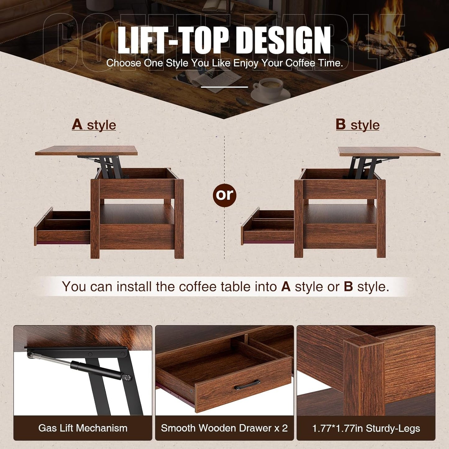 Coffee Table, Lift Top Coffee Table with Drawers and Hidden Compartment, Retro Central Table with Wooden Lift Tabletop, for Living Room,Espresso