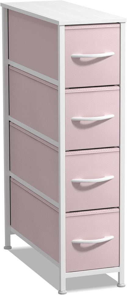 Kids Narrow Dresser with 4 Drawers - Vertical Slim Storage Chest of Drawers with Steel Frame, Wood Top & Easy Pull Fabric Bins for Small Spaces, Closets, Bedroom, Bathroom & Laundry
