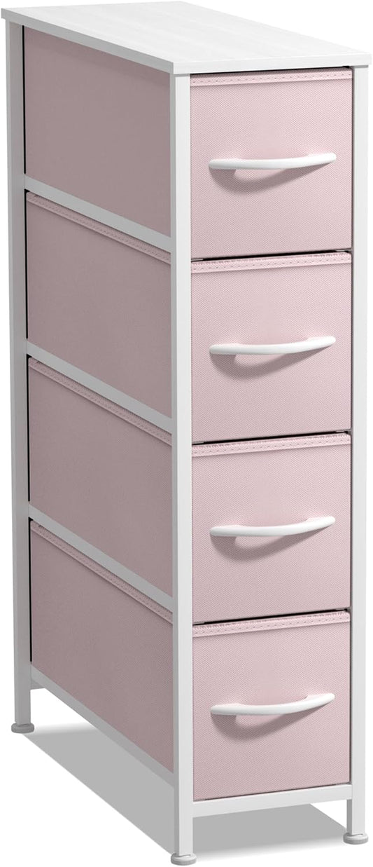 Kids Narrow Dresser with 4 Drawers - Vertical Slim Storage Chest of Drawers with Steel Frame, Wood Top & Easy Pull Fabric Bins for Small Spaces, Closets, Bedroom, Bathroom & Laundry