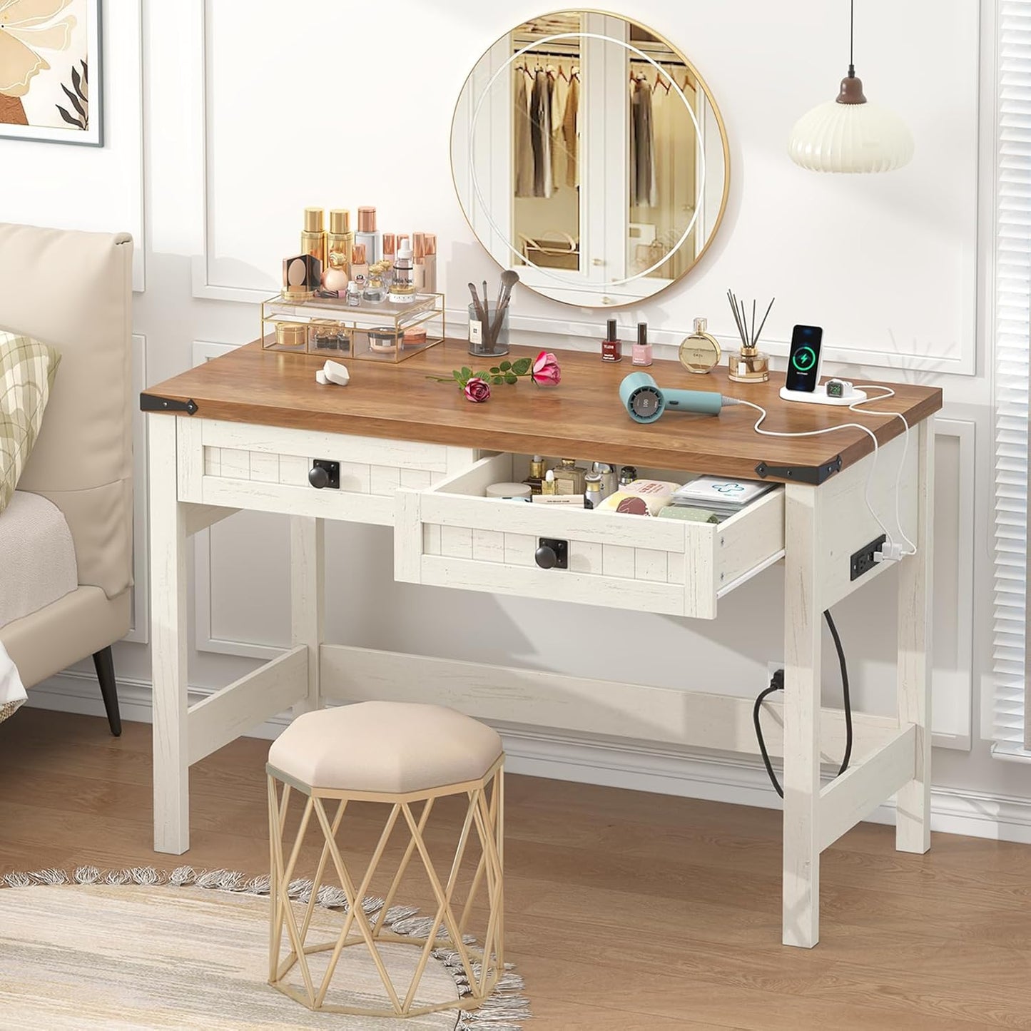 Farmhouse Computer Desk with 2 Drawers, 39 Inch Small Office Computer Desk with Power Outlets, Compact Writing Study Desk for Small Spaces, Antique White