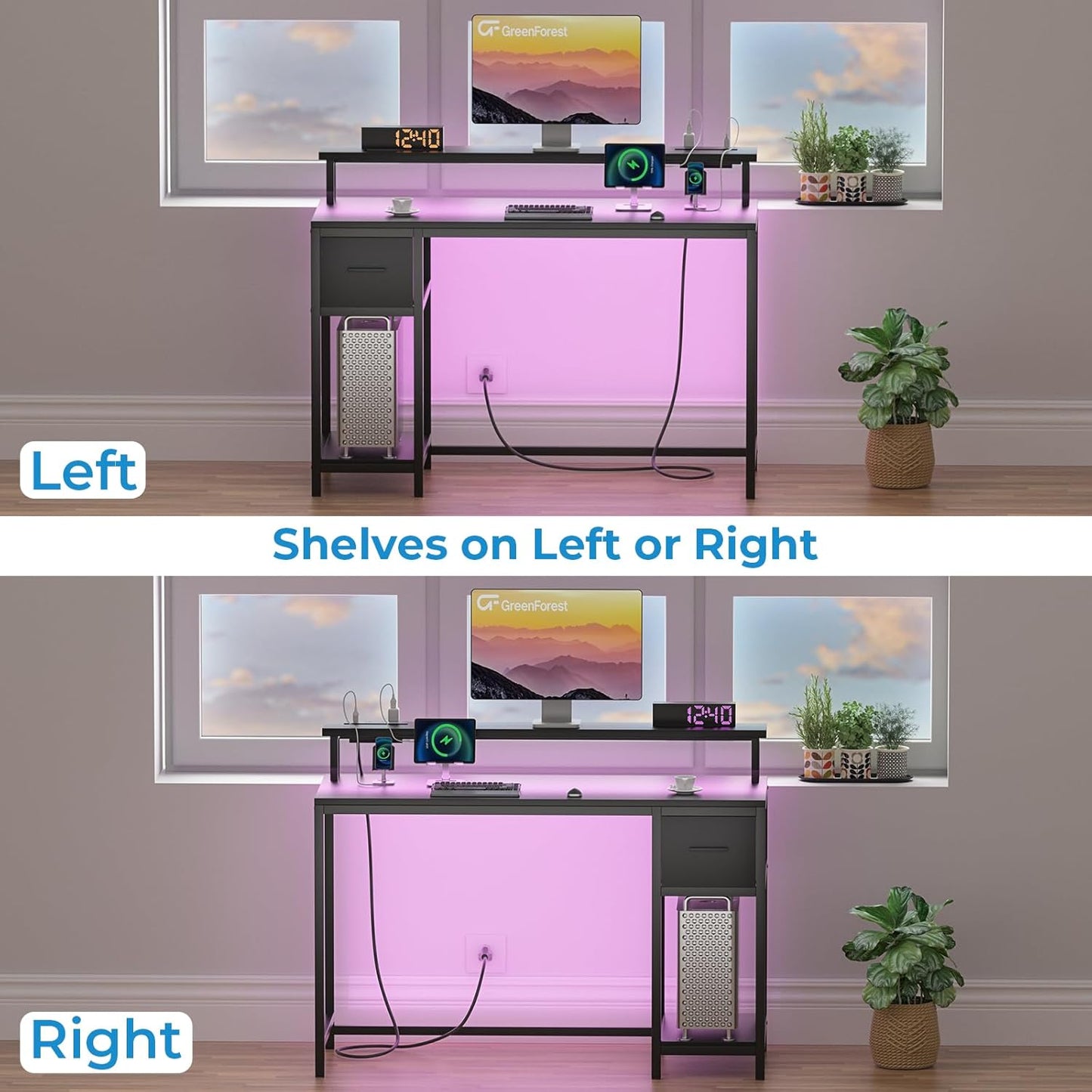 Gaming Desk 39 Inch with LED Lights and Monitor Stand, Computer Desk with Drawer for Small Spaces, Office Desk with Power Outlets and Shelf, Black