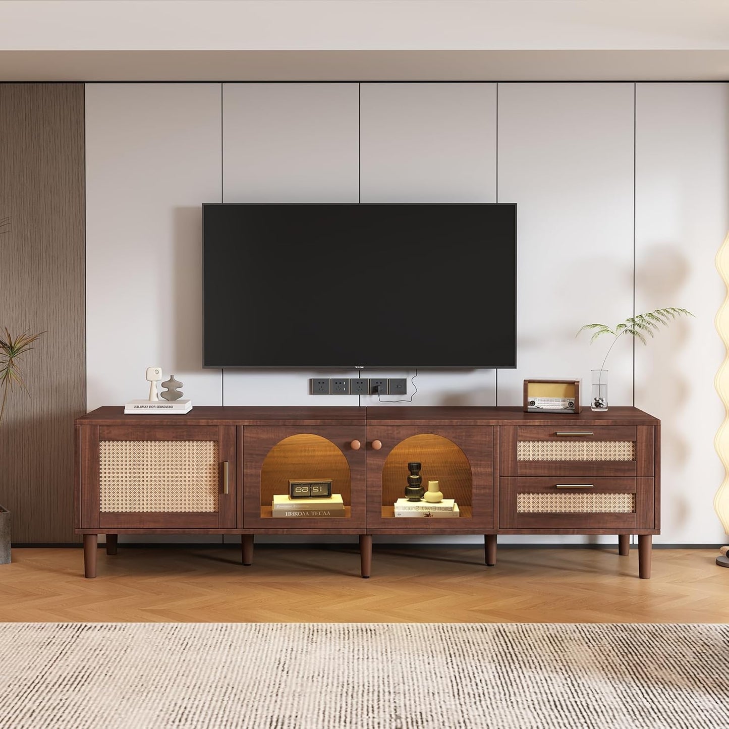 Rattan TV Stand with LED Lights, 70" Entertainment Center with 3 Cabinets & 2 Drawers Media Console Table for Tvs up to 80", Solid Wood Feet, Living Room, Bedroom Furniture