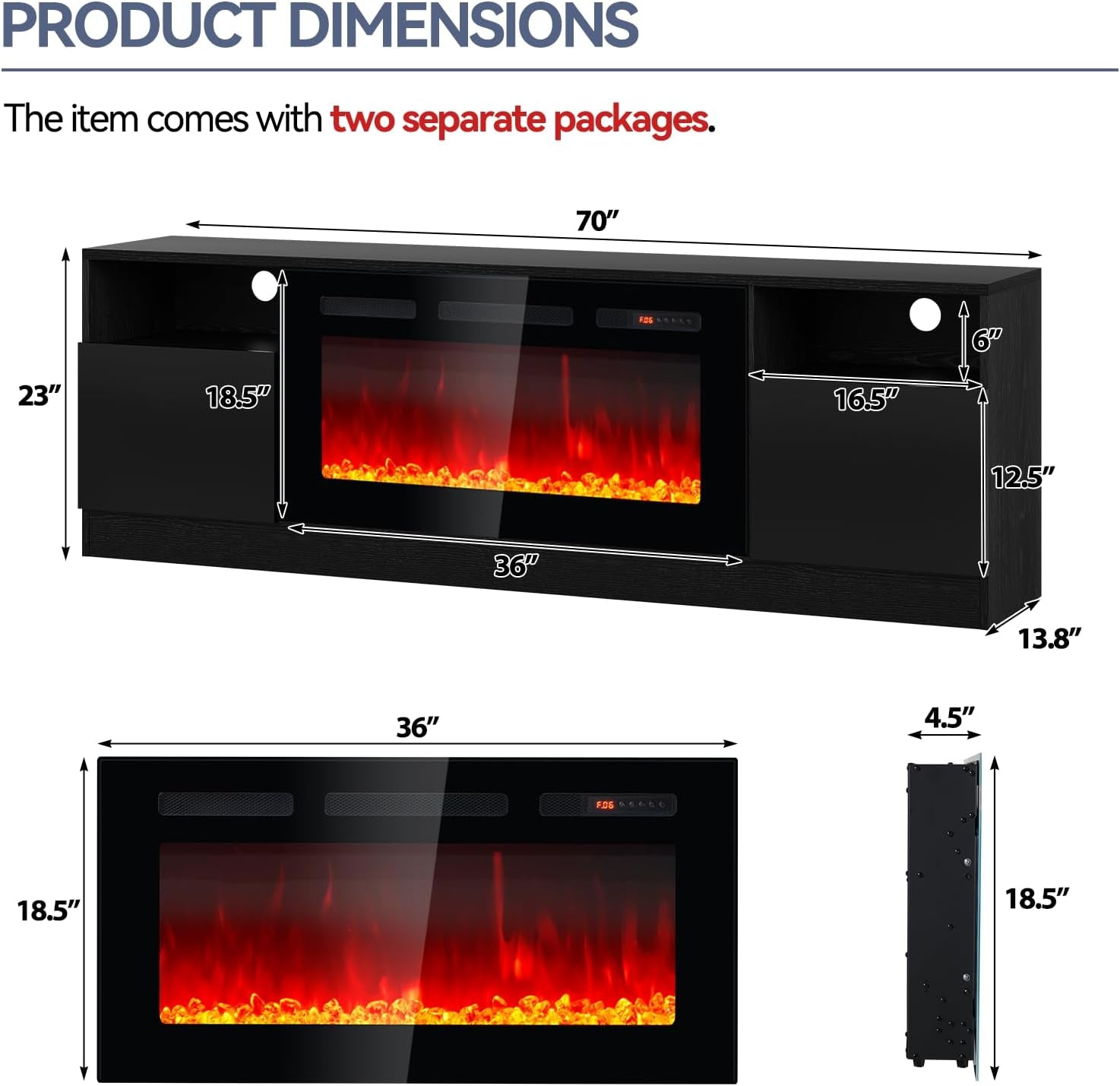 70" Fireplace TV Stand with 36" Electric Fireplace, LED Light Entertainment Center for Tvs up to 80", High-Gloss Door, Modern TV Console for Living Room with Storage Cabinet, Black+Black