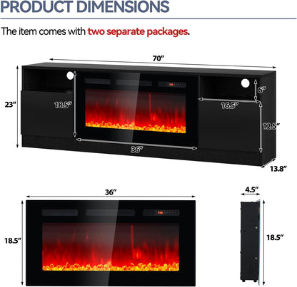 70" Fireplace TV Stand with 36" Electric Fireplace, LED Light Entertainment Center for Tvs up to 80", High-Gloss Door, Modern TV Console for Living Room with Storage Cabinet, Black+Black