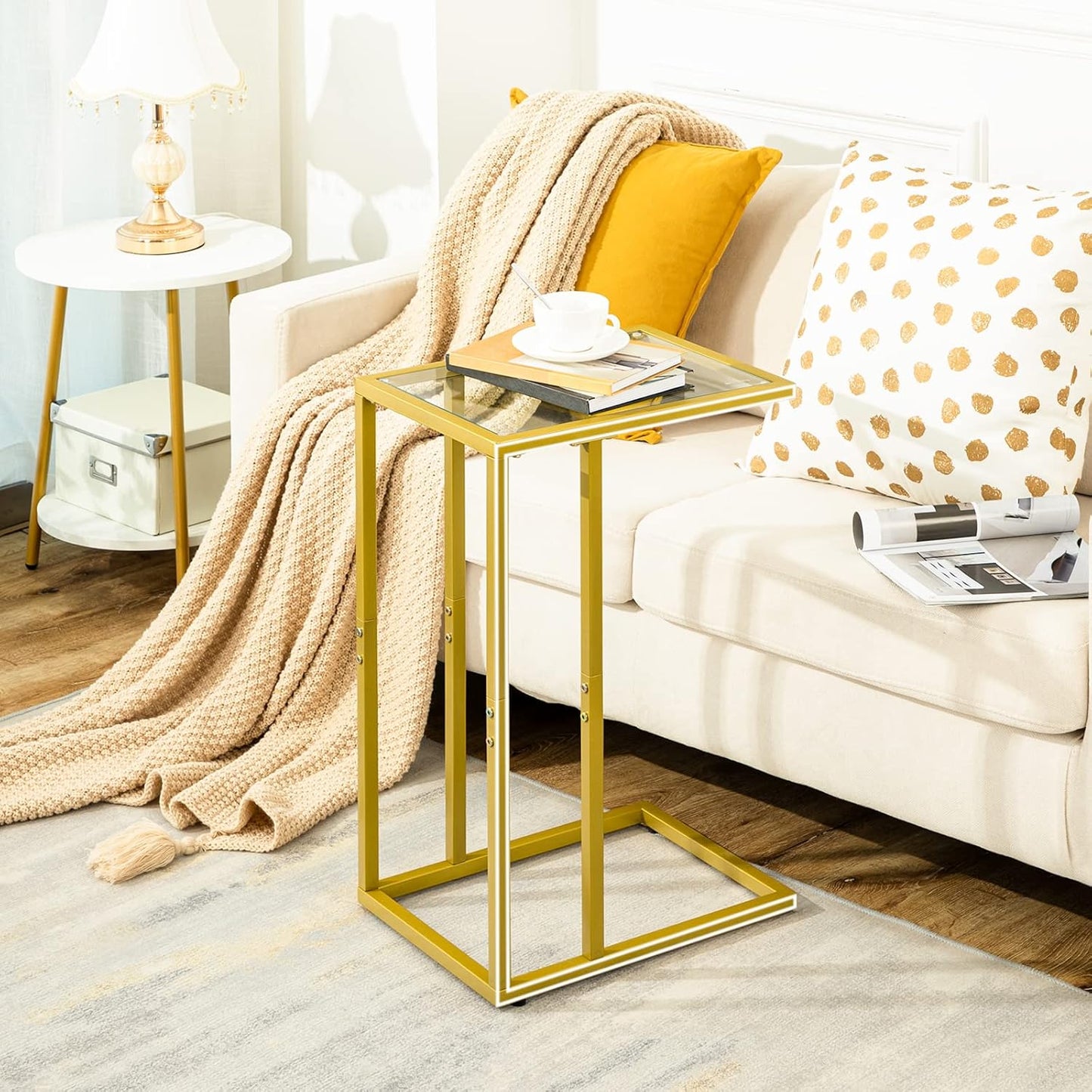 C Shaped End Table, Tempered Glass Snack Side Table with Metal Frame, TV Tray Table for Small Space, Sofa Couch and Bed, Modern Style, Gold GD03SF01G1