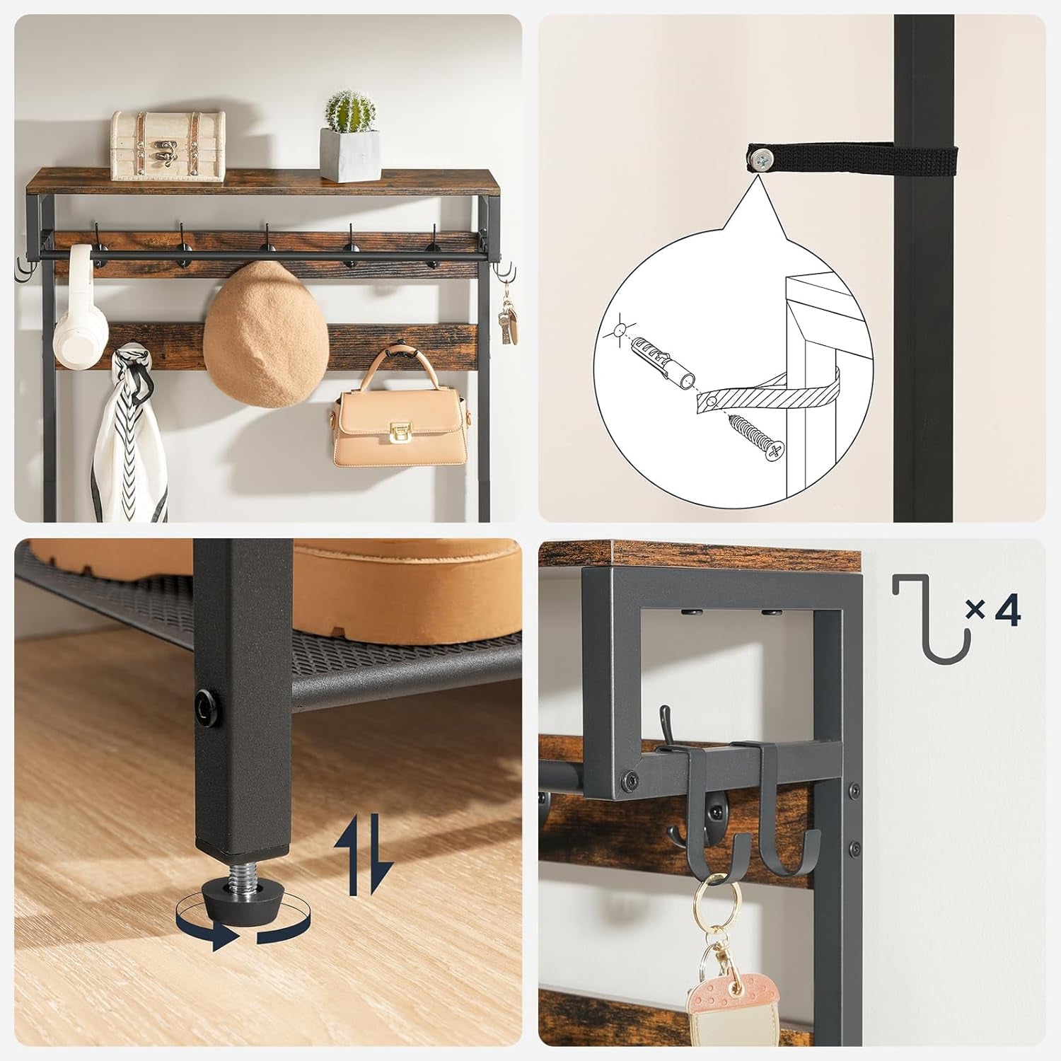 Hall Tree with Bench, Shoe and Coat Rack for Entryway, Coat Rack with Bench, Flip Top Storage Box, PU Cushioned Seat, Non-Woven Fabric Drawer, for Entrance, Rustic Brown and Black BF110MT01