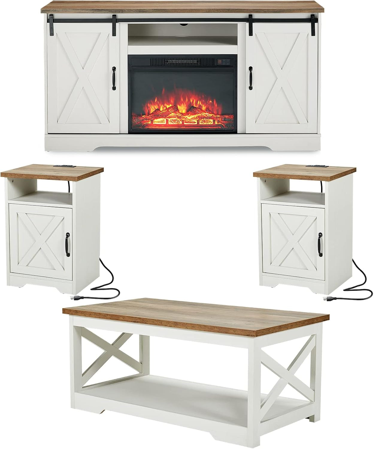 5-Piece Farmhouse Table Set Includes Fireplace TV Stand, Coffee Table& Two End Tables with Charging Station and USB Ports, for Living Room, Distressed White, 59"