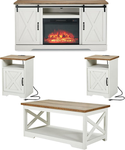 5-Piece Farmhouse Table Set Includes Fireplace TV Stand, Coffee Table& Two End Tables with Charging Station and USB Ports, for Living Room, Distressed White, 59"