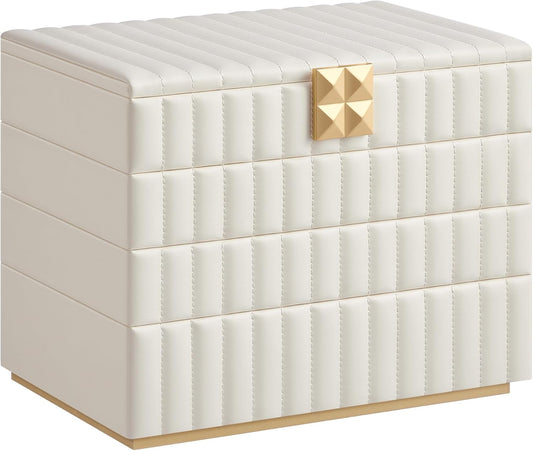 HOME Stackable Jewelry Box with Mirror, 4-Tier Jewelry Storage Organizer, PU Surface with Stitching, Floating Effect, 6.7 X 11 X 8 Inches, Cloud White, ANAH Collection UJBC181W01
