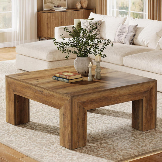 39.4-Inch Square Coffee Table for Living Room, Farmhouse All MDF Accent Center Cocktail Table with Sturdy Wooden Legs, Easy Assembly, Rustic Brown