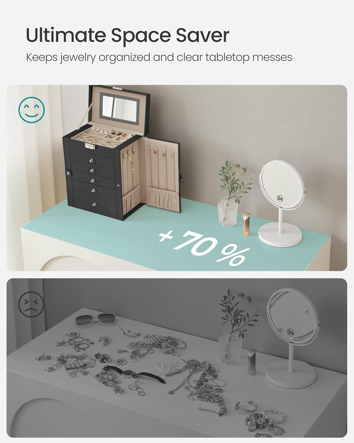 6 Tier Jewelry Box, Jewelry Storage Organizer with 5 Drawers, Large Storage Capacity, with Mirror, Lockable, Jewelry Case, Gift for Loved Ones, for Watches, Black UJBC152B01