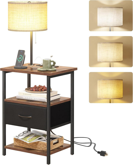 Nightstand with LED Lights Bedside Table with 3 Color Temperatures Bulb, Tall Nightstand with Charging Station End Table with Adjustable Fabric Drawer for Bedroom Dorm