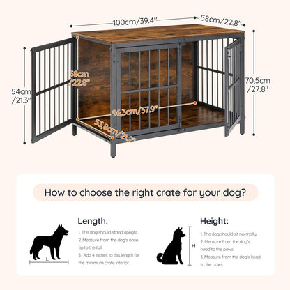 Heavy Duty Dog Crate Furniture, 39.4" Wooden Indoor Kennel with 3 Doors, Chew Resistant Metal Cage for Medium and Large Breeds, Dog Crate Side Table, Black and Rustic Brown BF101GW03