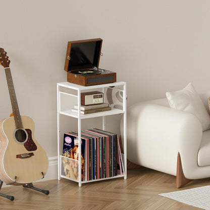 3 Tier End Table,Record Player Stand with Storage up to 100 Albums,Turntable Stand for Vinyl,White Records Shelf for Living Room Bedroom