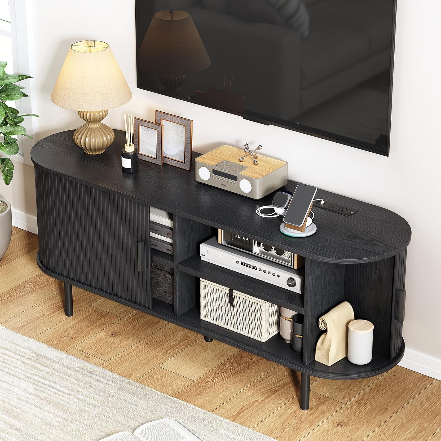 63" TV Stand with Power Outlet, Modern Media Console with Sliding Doors, Entertainment Center for Tvs up to 60 Inch, Adjustable Shelves, Black