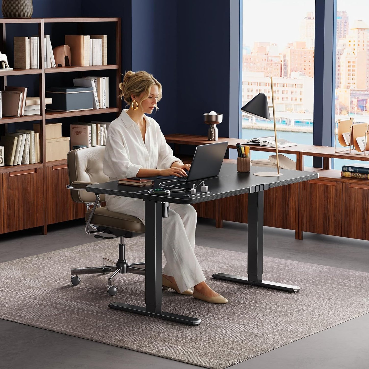 Electric Standing Desk with Power Outlets and USB-C Port, 47 X 24 Inch Height Adjustable Desk, Sit Stand Desk for Home Office, Computer & Gaming Desk with 4 Presets, Stable Steel Frame, Black