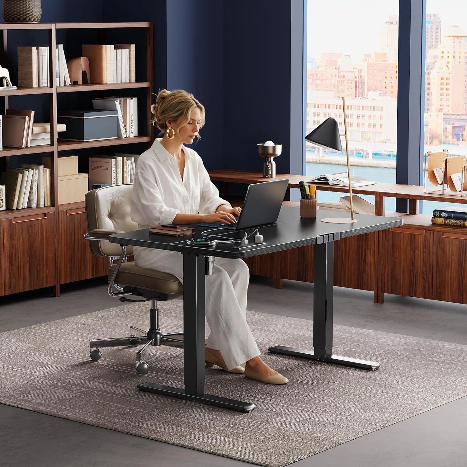 Electric Standing Desk with Power Outlets and USB-C Port, 47 X 24 Inch Height Adjustable Desk, Sit Stand Desk for Home Office, Computer & Gaming Desk with 4 Presets, Stable Steel Frame, Black