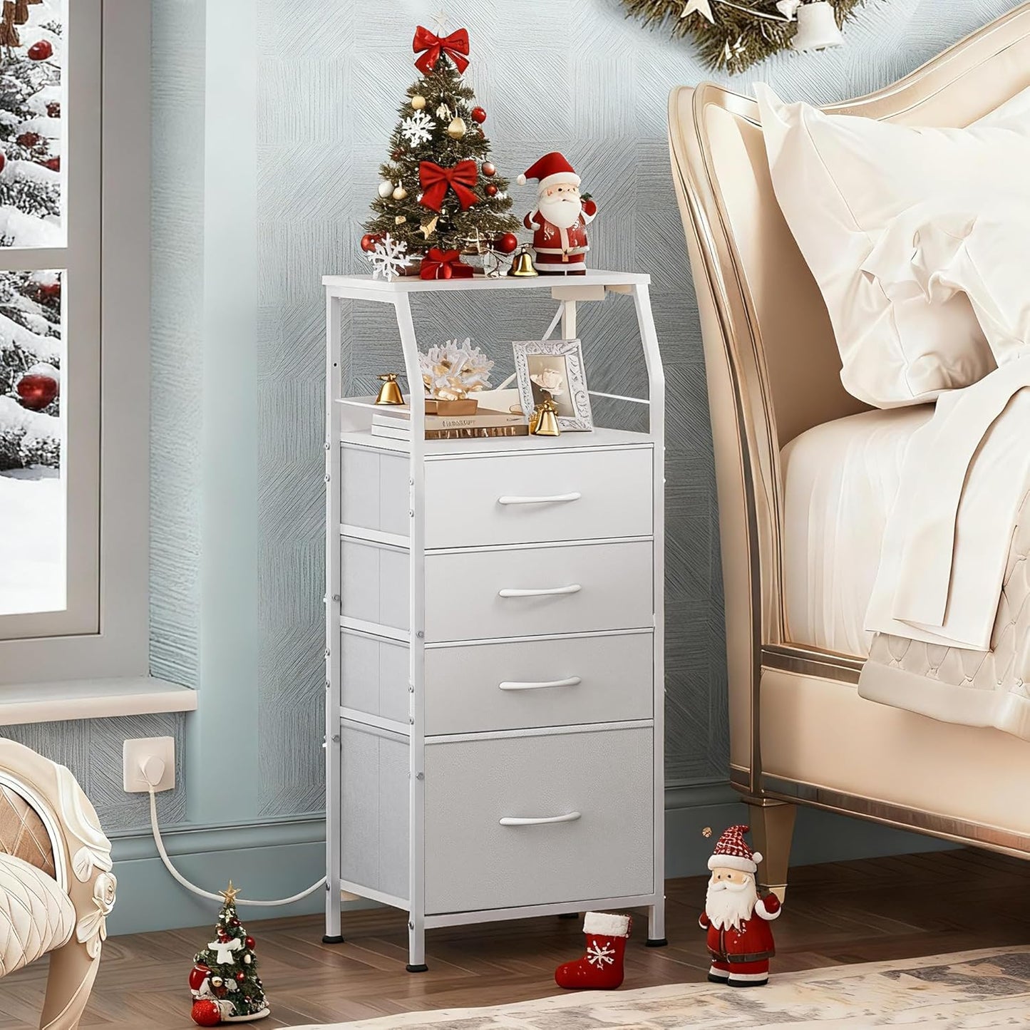 Night Stand with Charger Station, White Nightstand with LED Light and 4 Storage Drawers, Tall Dresser for Bedroom, 37.48" H Bedside Table with Fabric Bins, Wood Shelf