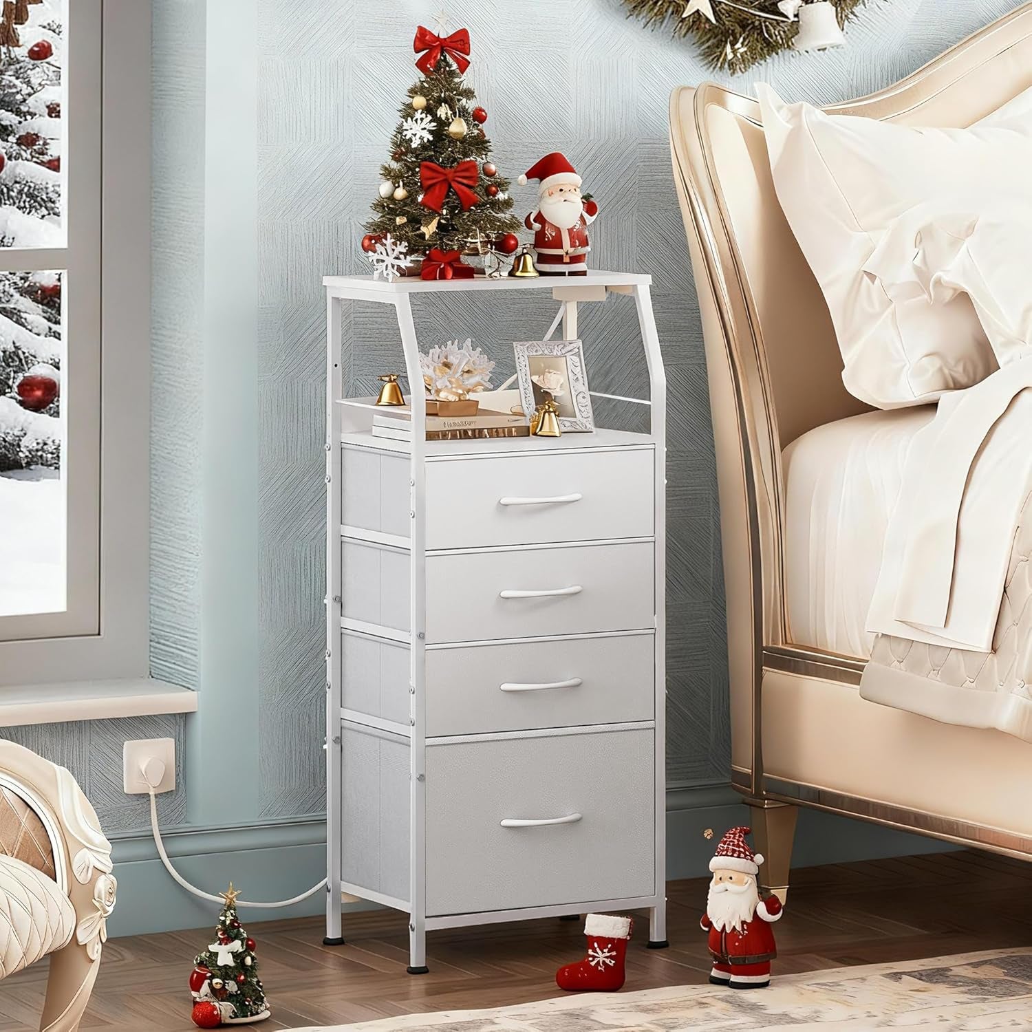 Night Stand with Charger Station, White Nightstand with LED Light and 4 Storage Drawers, Tall Dresser for Bedroom, 37.48" H Bedside Table with Fabric Bins, Wood Shelf