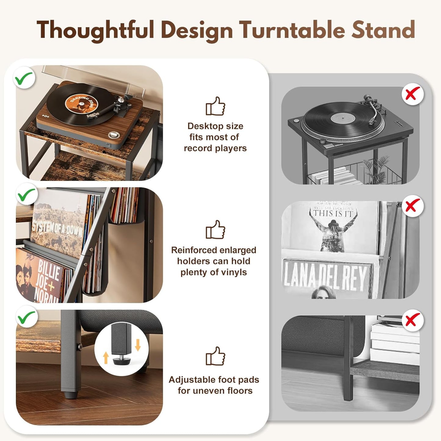 Record Player Stand, Turntable Stand with 3-Tier Vinyl Record Storage, Record Player Table 200 Albums, End Table with Vinyl Display Holder Shelf, Record Player Cabinet Media Console for Stereo
