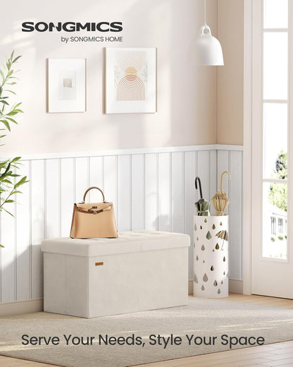 Mazie Collection - 30 Inches Storage Ottoman, Foldable Storage Bench with Flipping Lid, 660 Lb Load Capacity, for Entryway, Living Room, Bedroom, Velvet Fabric, Cream White ULSF048LH01