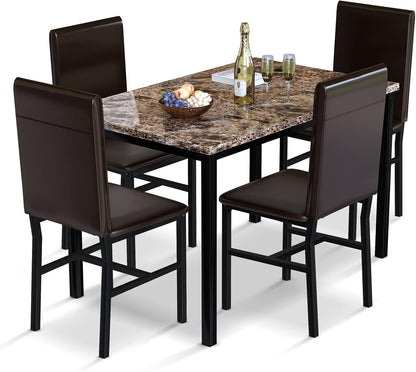 5 Piece Dining Table Set for 4,Faux Marble Kitchen Table and Chairs for 4, Modern Dining Room Table with 4 Chairs,Dinner Table Set for Small Spaces, Brown
